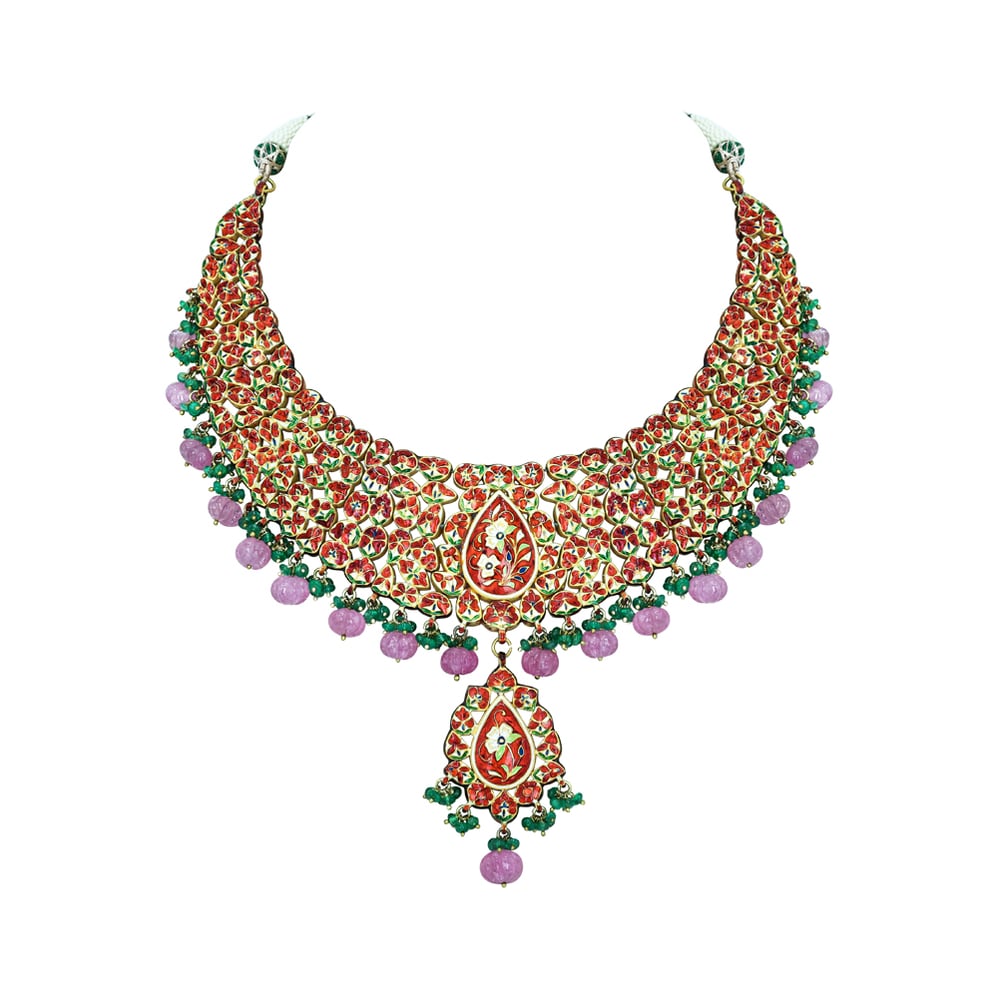 Polki Diamond Necklace Set with Green Stone and Pink Beads